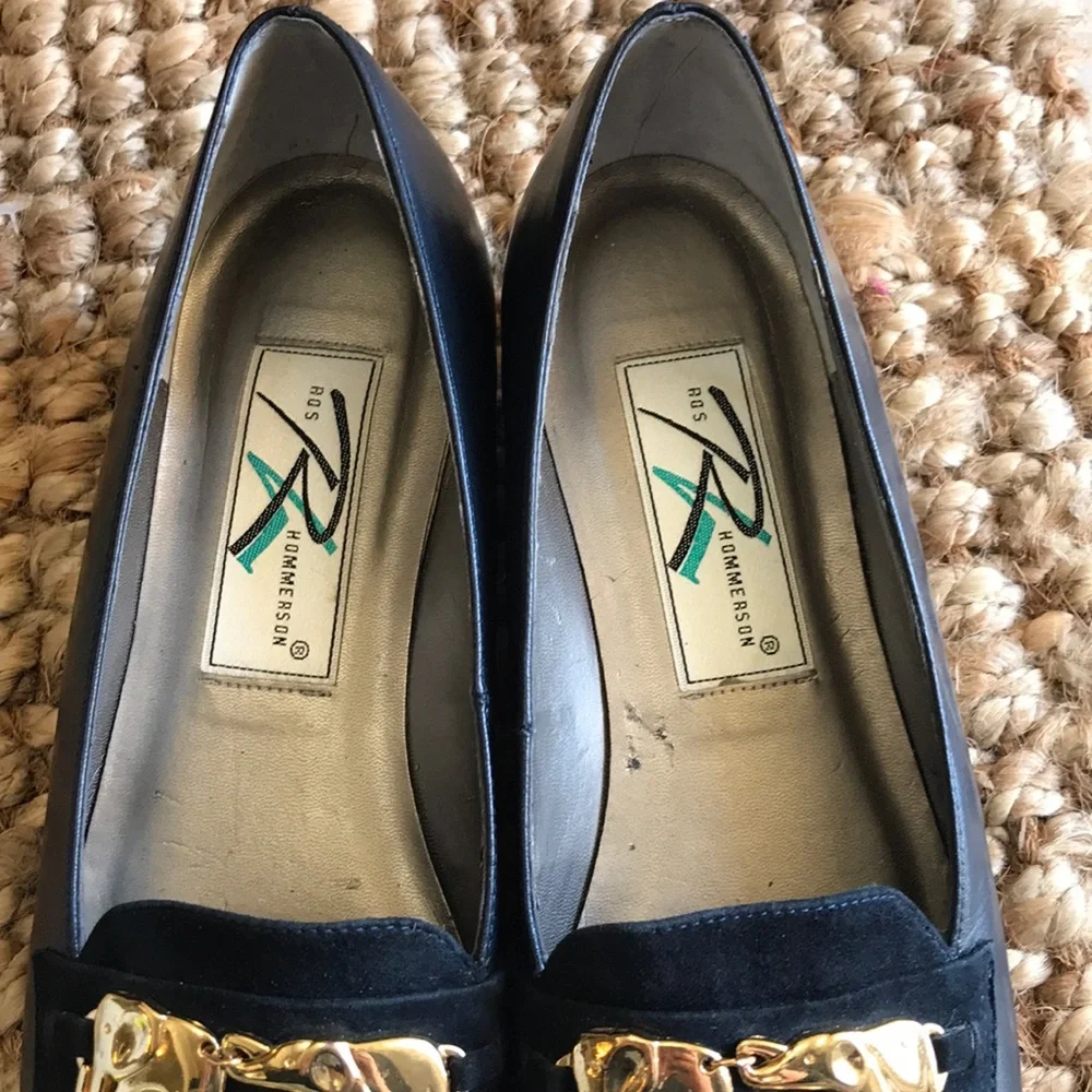 Vintage Navy and Gold Elephant Ros Hommerson Leather Loafers